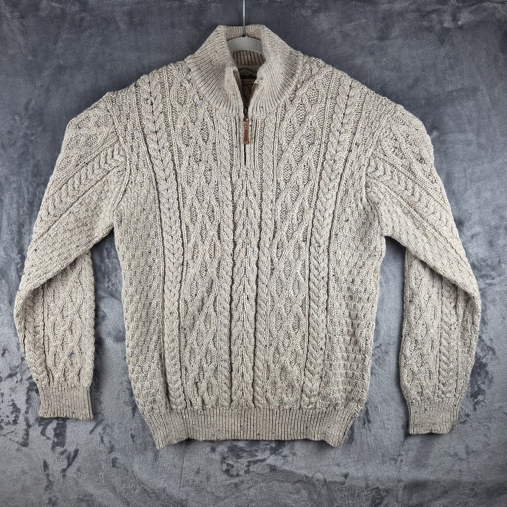 Aran Crafts Merino Wool Cable Knit 1/4 Zip Beige Sweater Fisherman Men XL